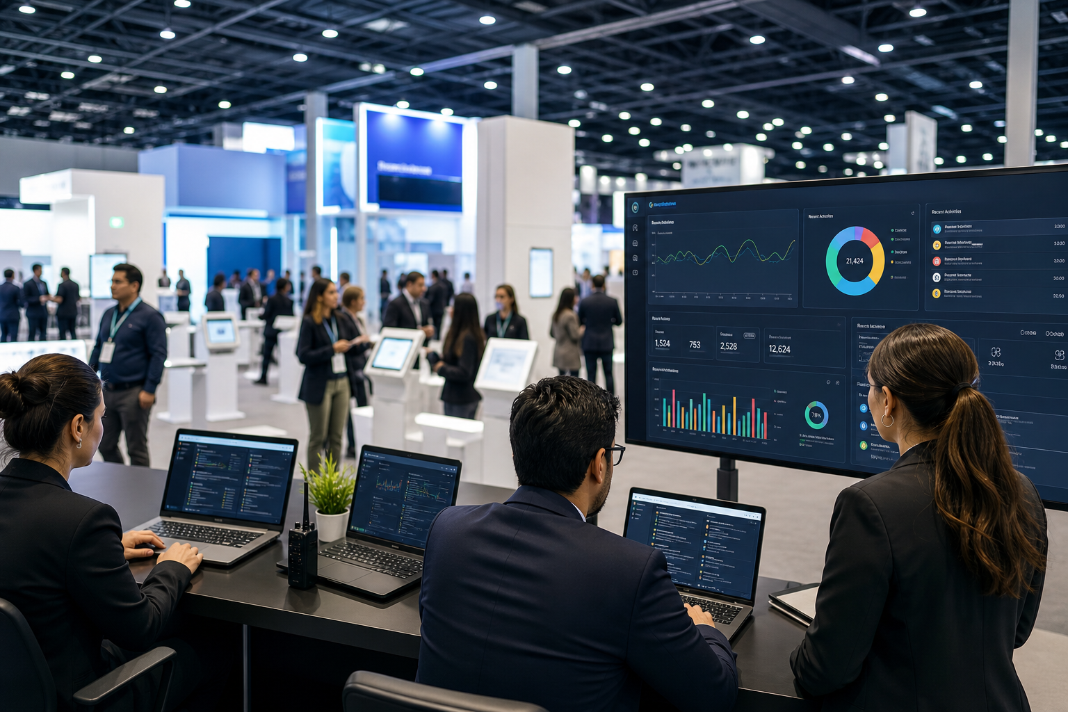 Trade show event organizers using software dashboards to manage exhibitors, booth assignments, attendee check-in, and lead retrieval on a busy expo floor