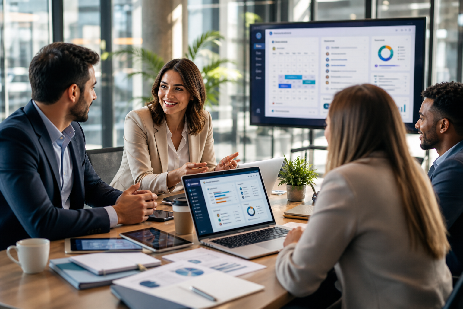 Corporate event planners reviewing event management software dashboards for internal meetings and company events
