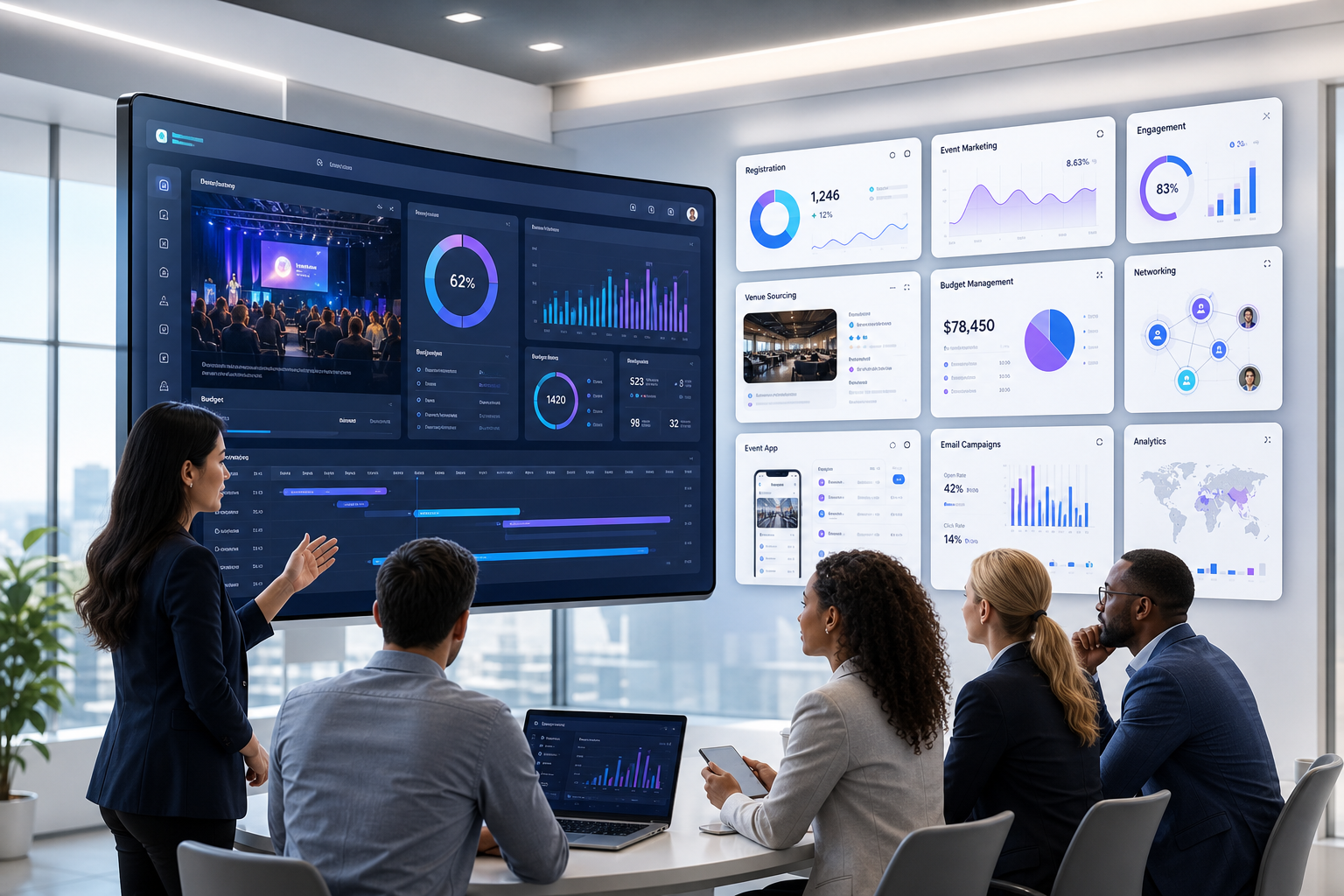 Event professionals comparing an all-in-one platform dashboard with multiple specialized event tools on modern screens