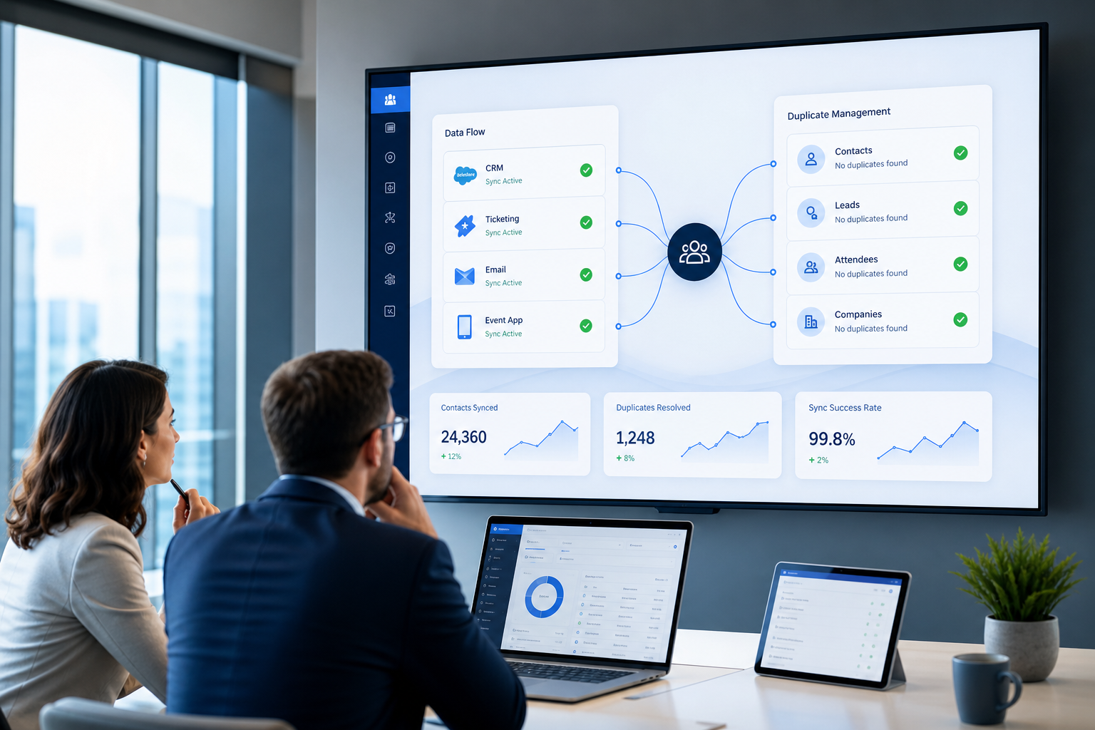 Professional event team reviewing CRM and event software integration dashboard to prevent duplicate attendee data