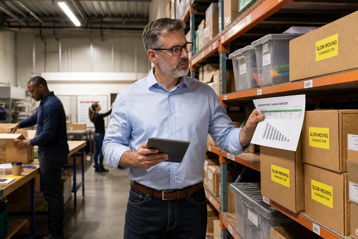 Warehouse manager reviewing dead stock inventory reports and aging stock on shelves in a small warehouse