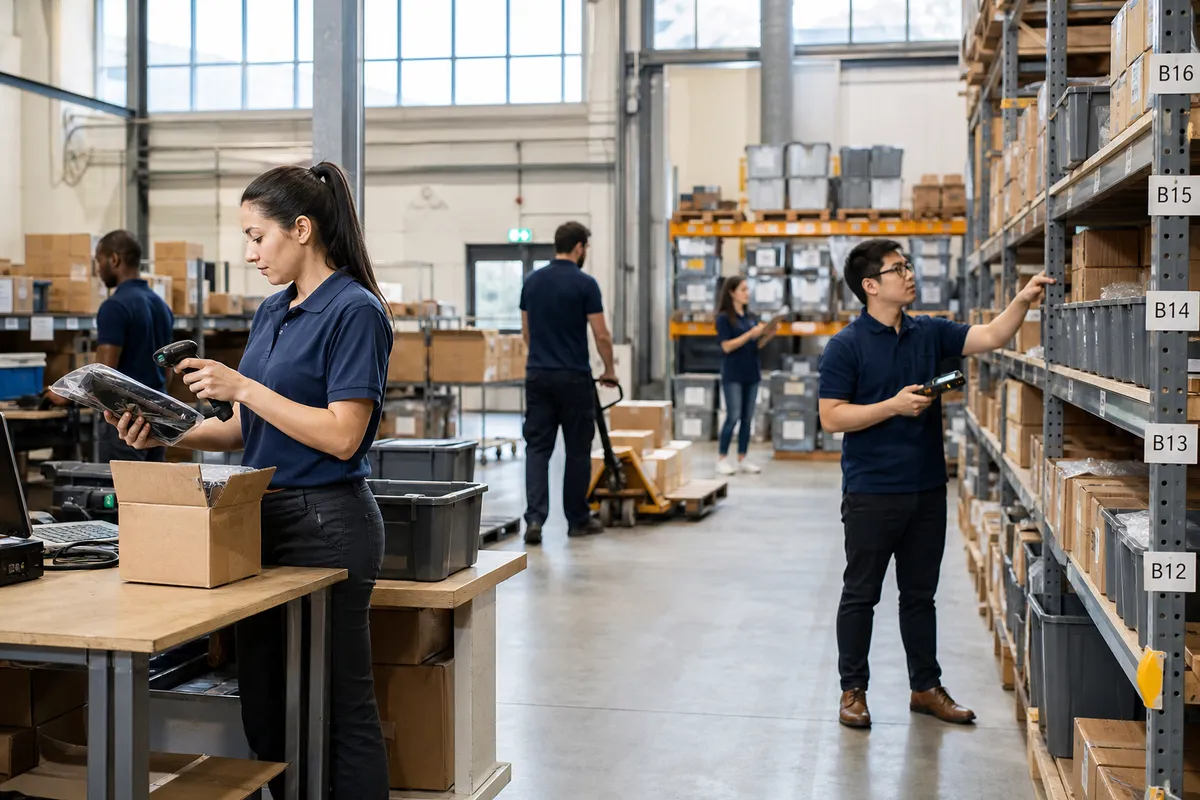 Small warehouse team improving inventory accuracy by scanning products into bin locations