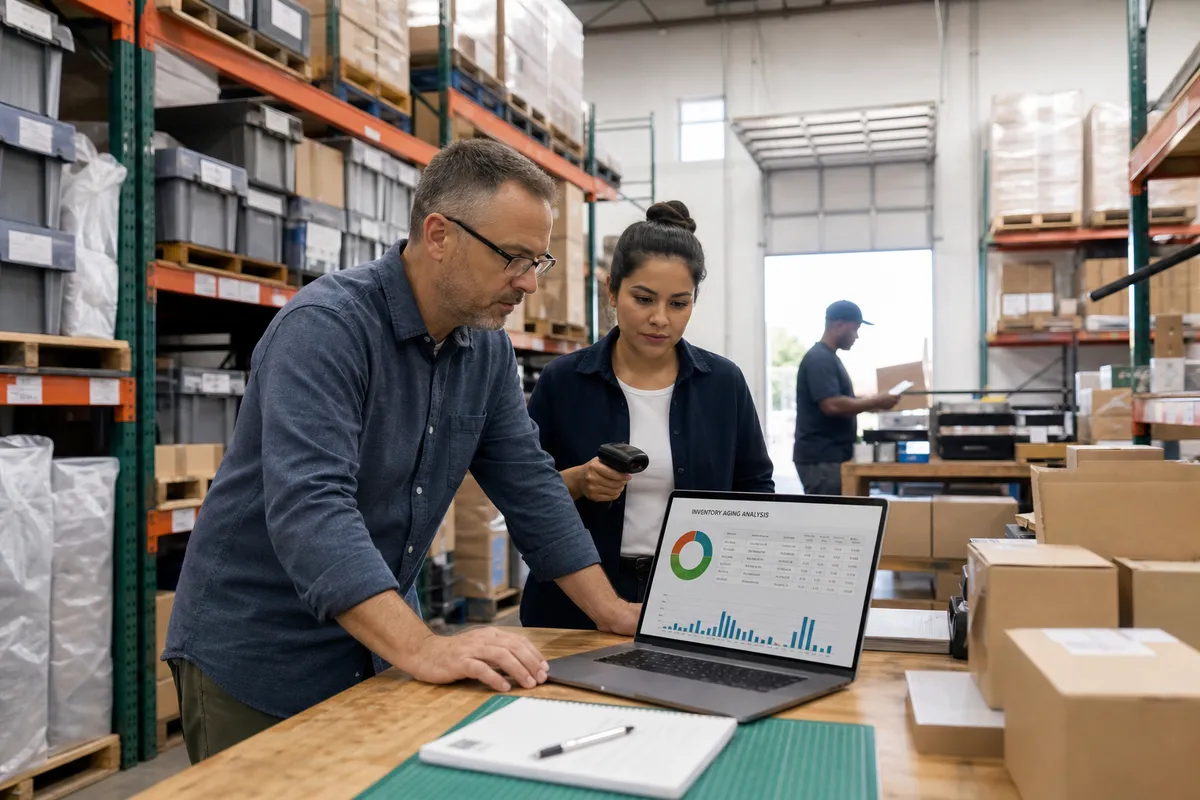 Small warehouse team reviewing an inventory aging analysis report on a laptop beside pallet racks