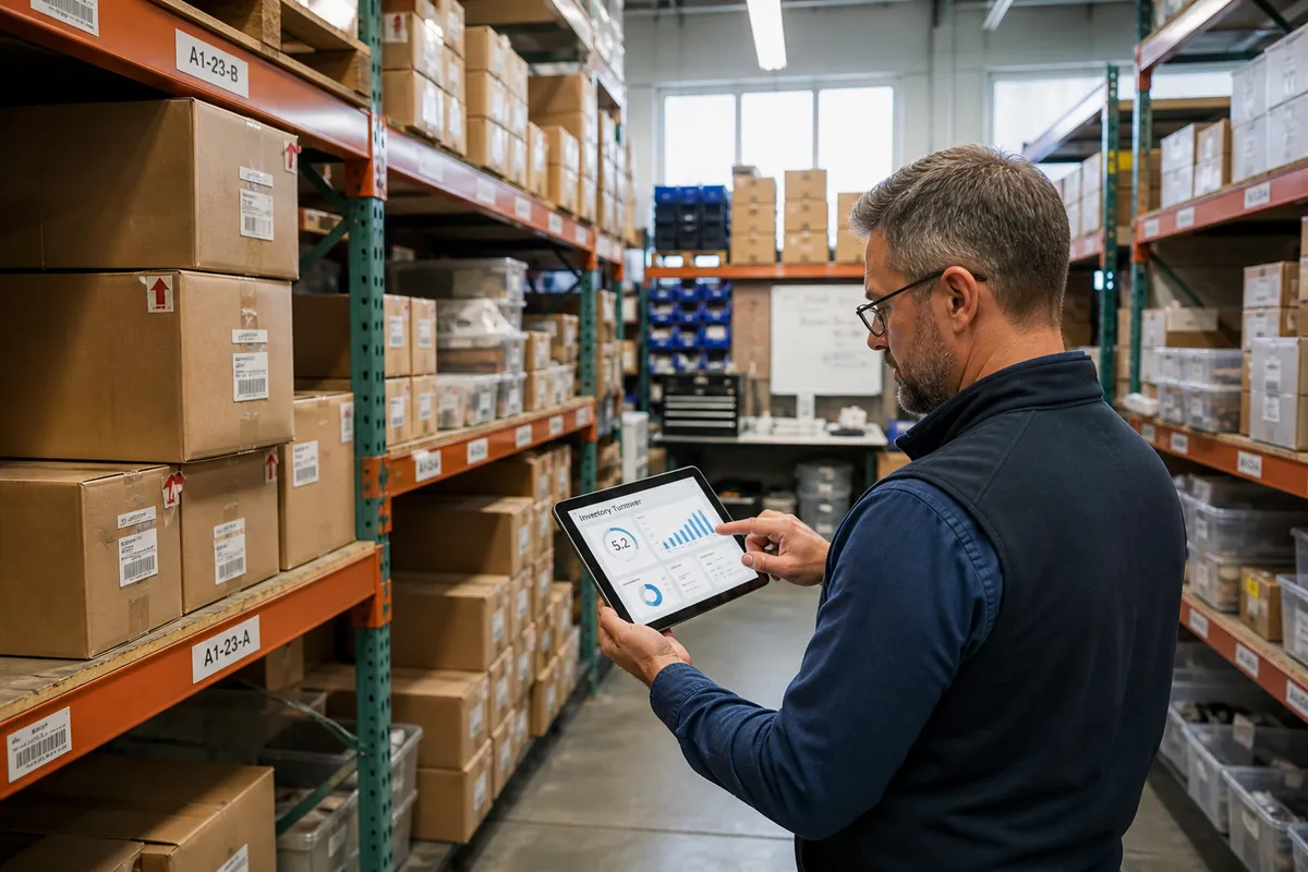 Small warehouse manager reviewing inventory turnover metrics on a dashboard with racks of packaged products in the background