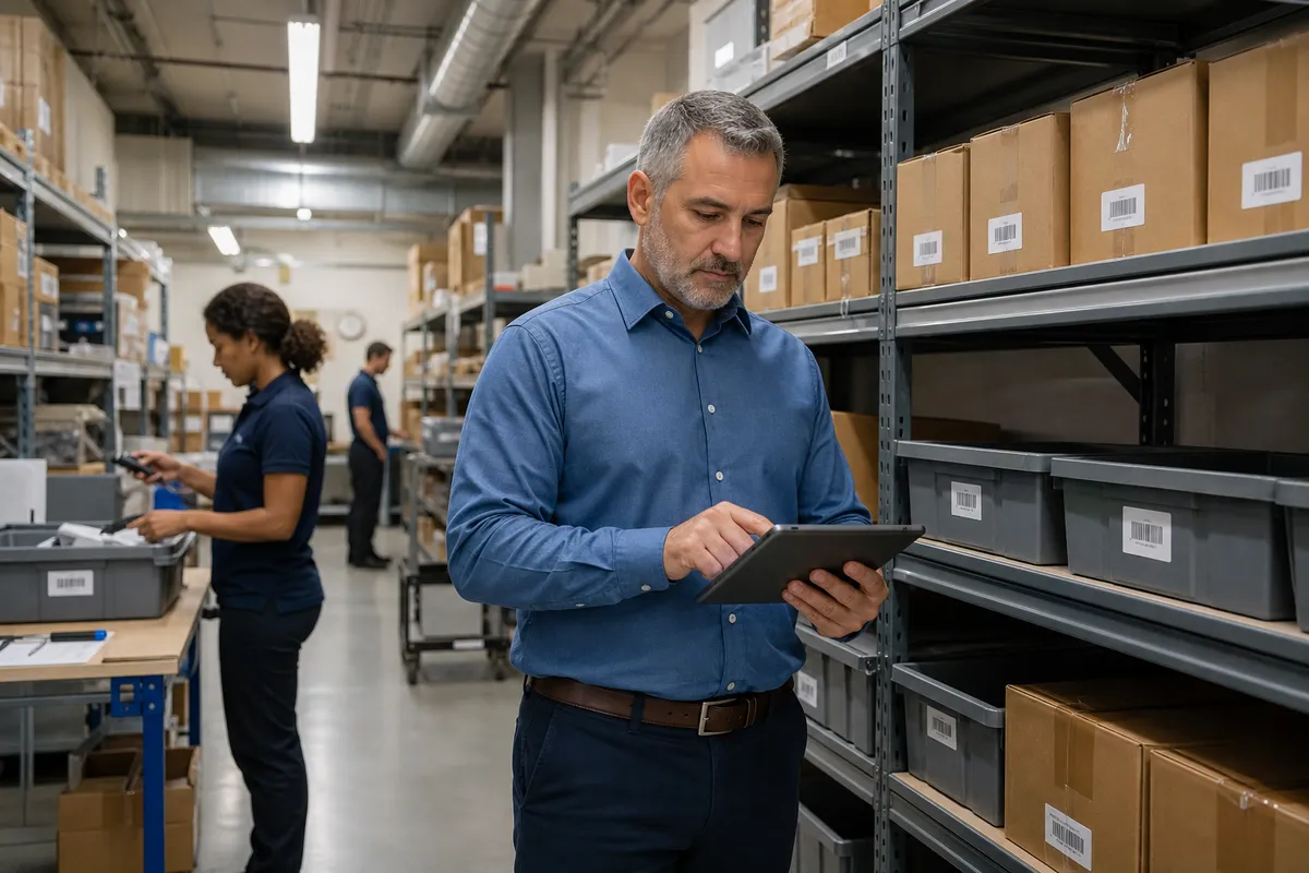 Warehouse manager reviewing min-max inventory control levels on a tablet in a small warehouse
