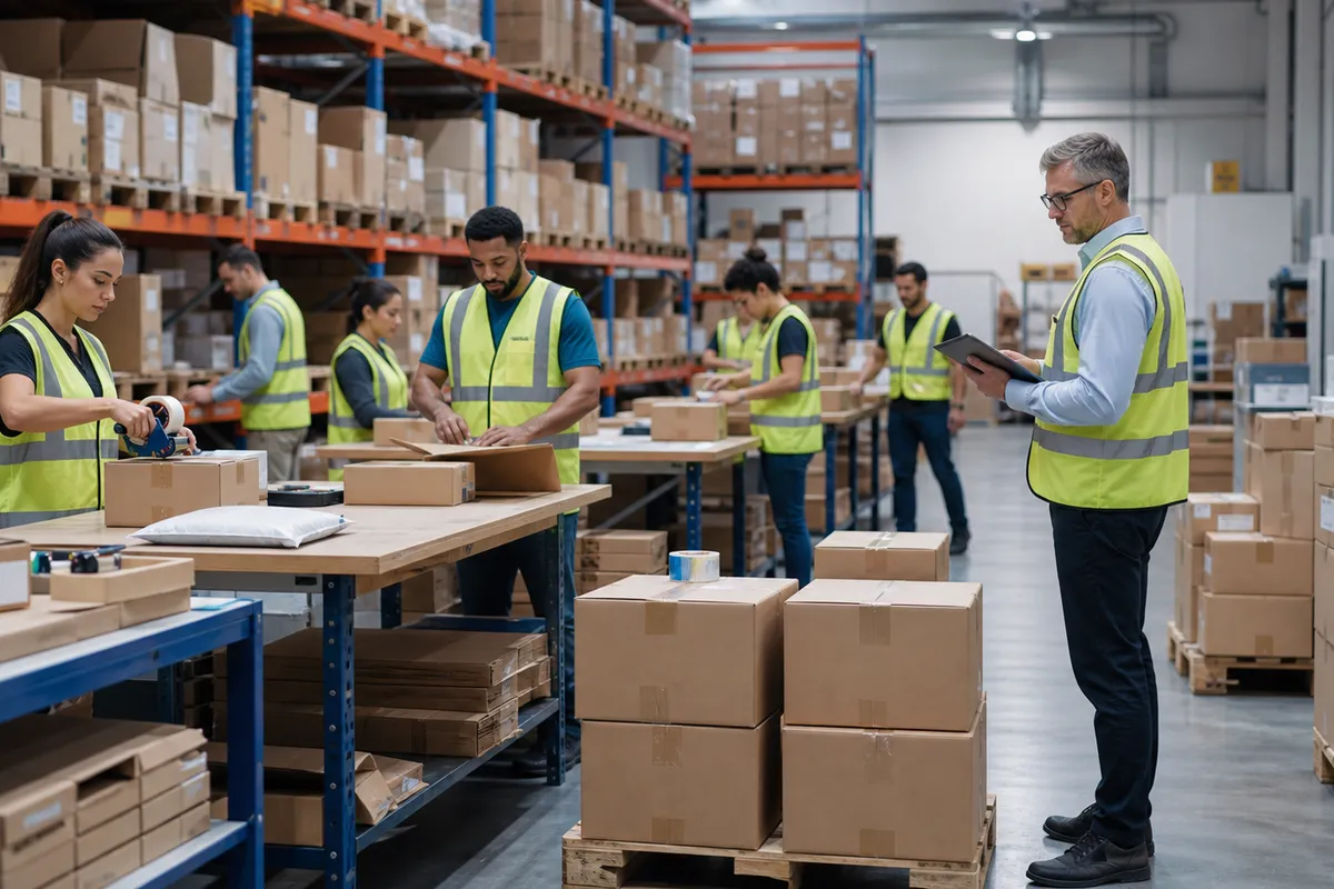 Small warehouse team reviewing order fulfillment capacity planning at packing stations