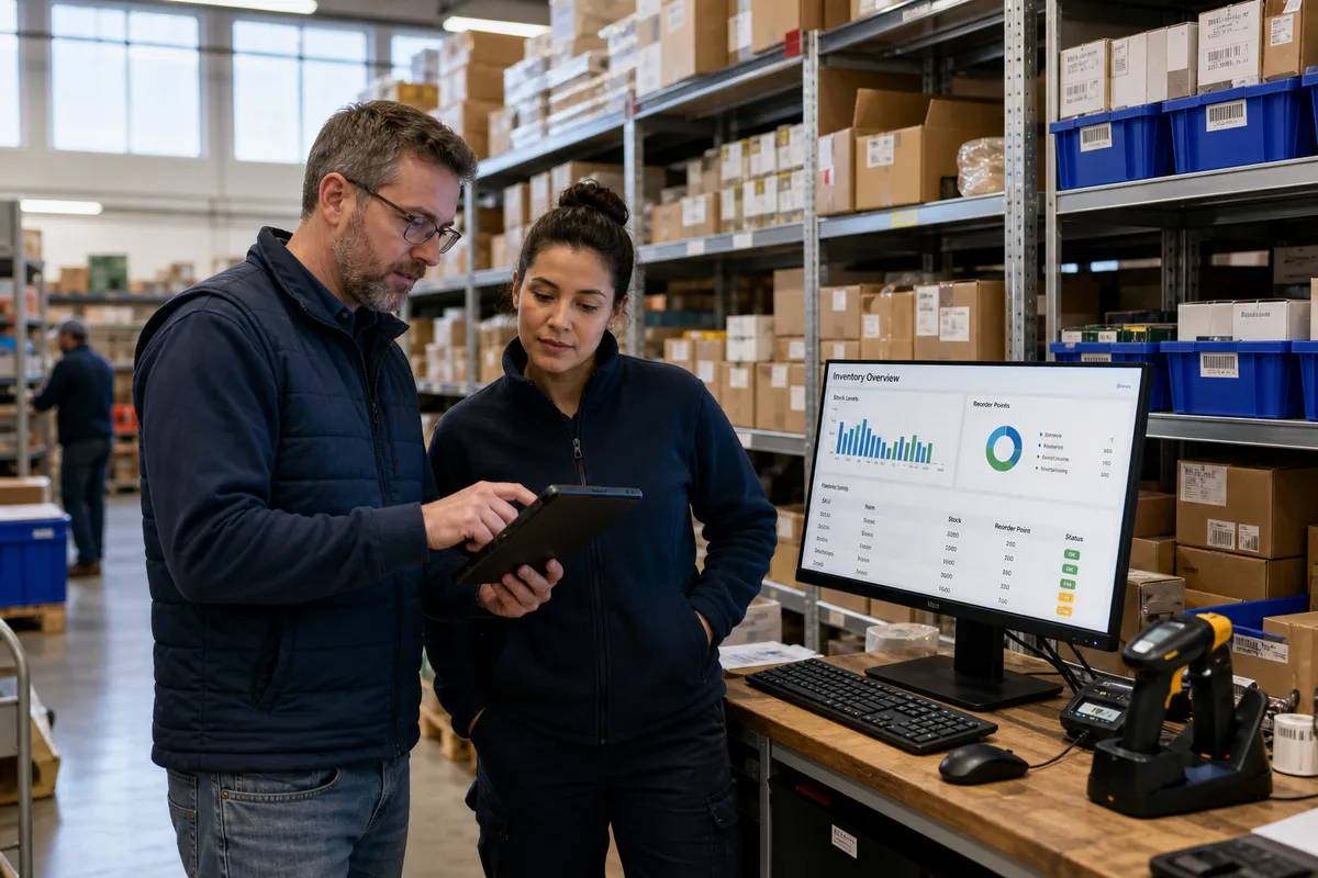 Warehouse manager reviewing reorder points for small warehouses on inventory dashboard