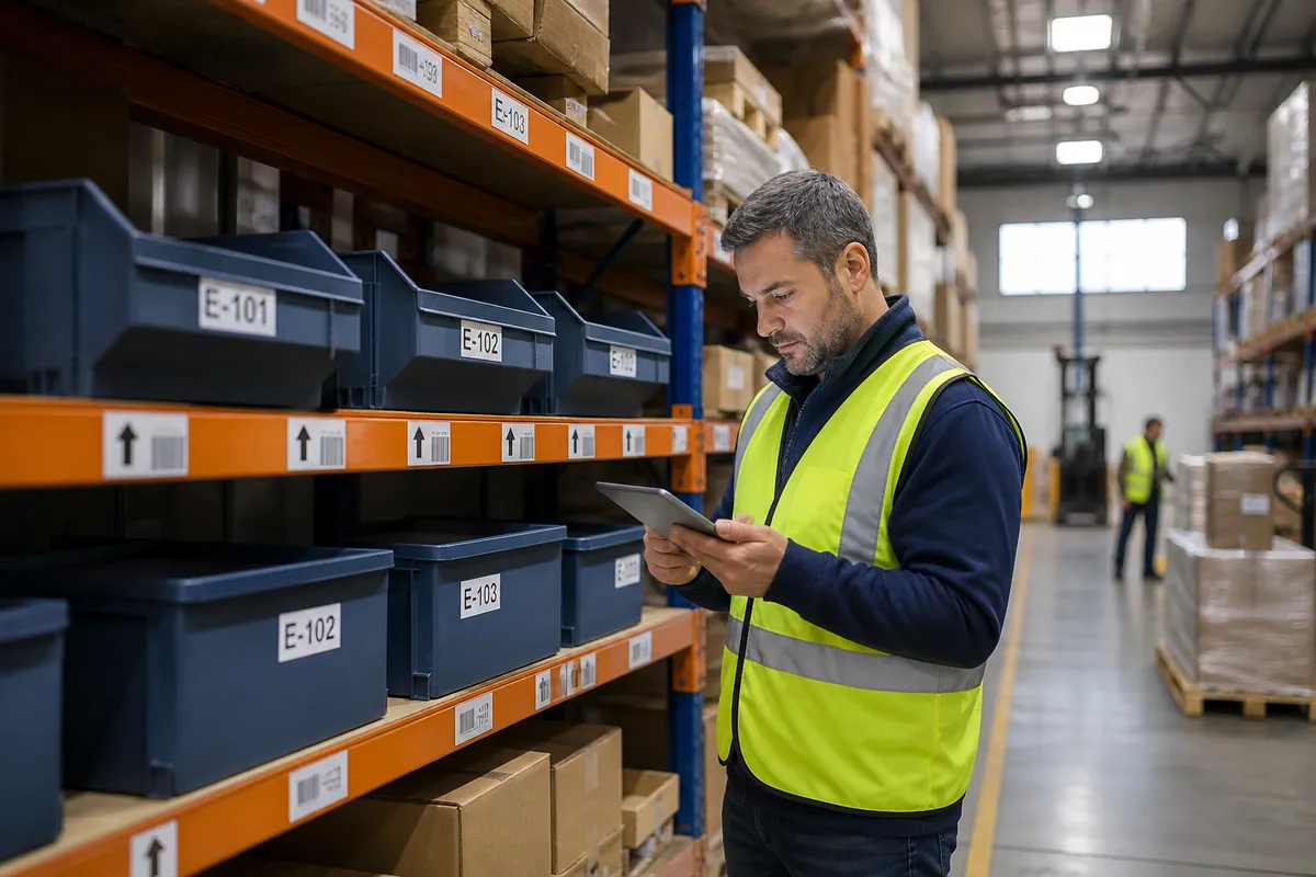 Warehouse manager reviewing safety stock for small warehouses using inventory reports and bin locations