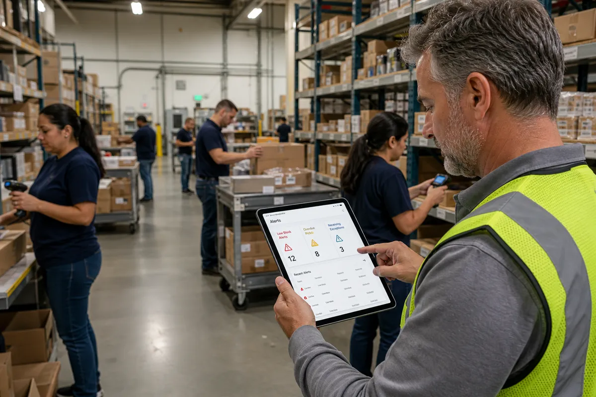 Warehouse alerts dashboard in a small warehouse using warehouse alerts to manage exceptions