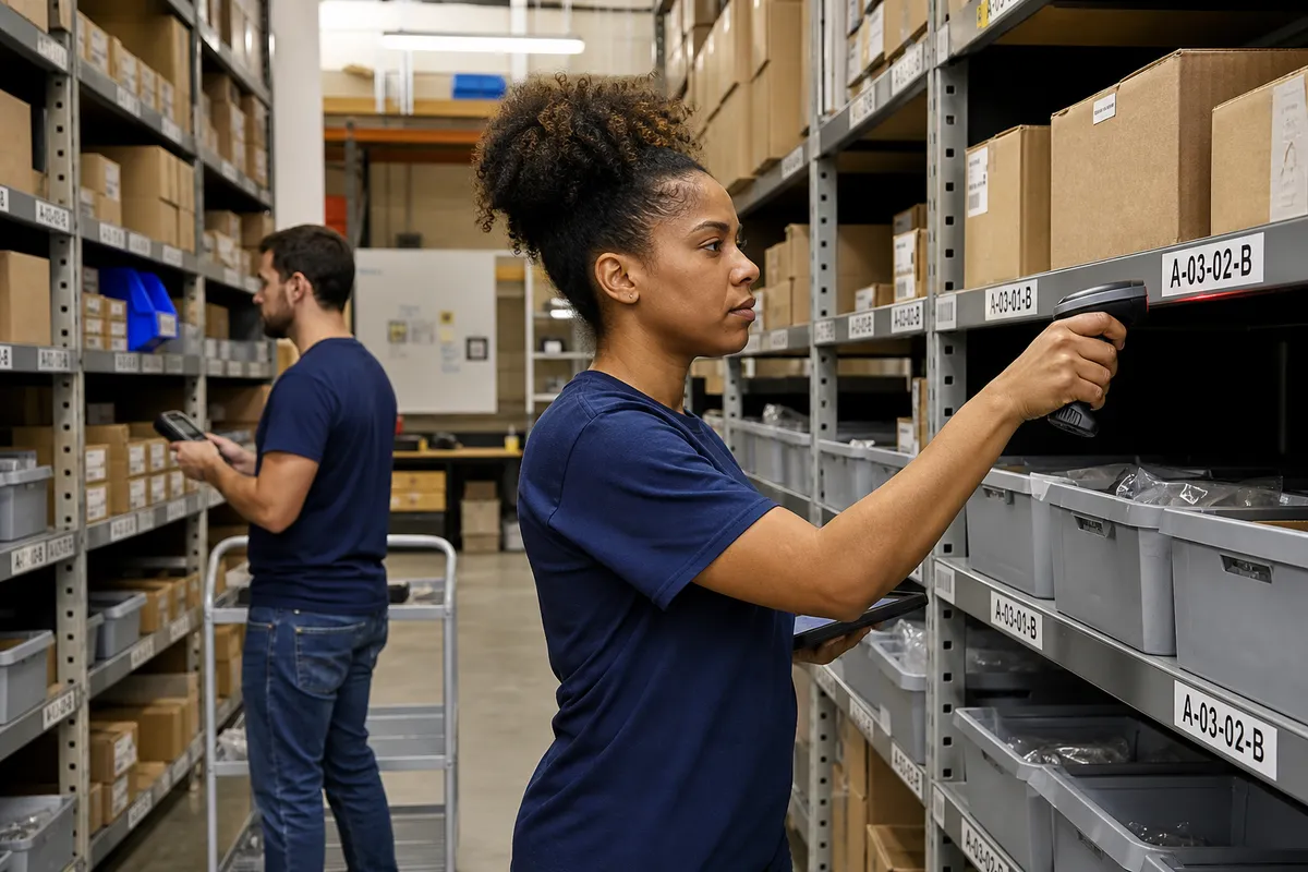 Small warehouse team using a warehouse bin location system with labeled racks and barcode scanners