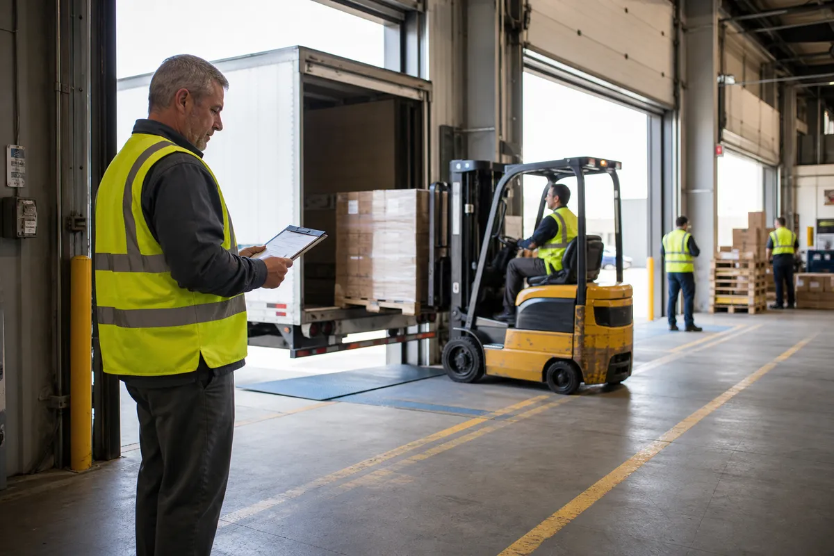 Small warehouse team using a warehouse dock scheduling board at a loading dock