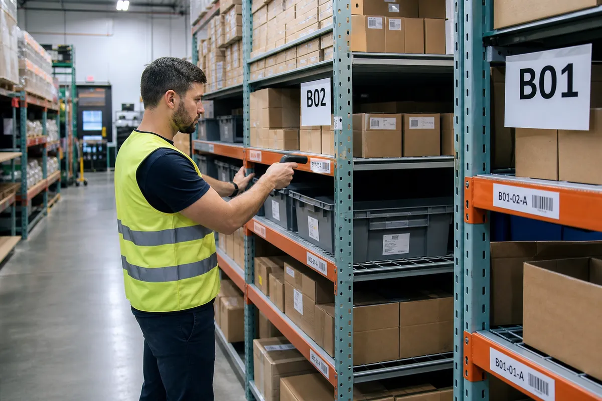 warehouse labeling system in a small warehouse with barcode location labels on racks