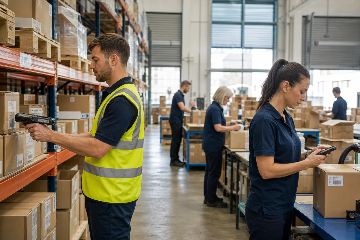 Small warehouse team using warehouse mobile apps to scan inventory and complete picking tasks