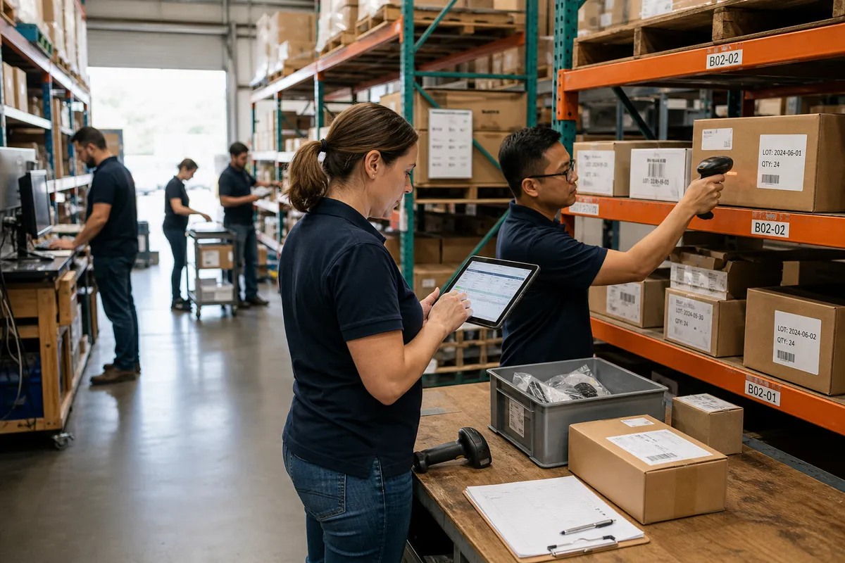 Warehouse traceability software in use by a small warehouse team scanning lot-coded inventory