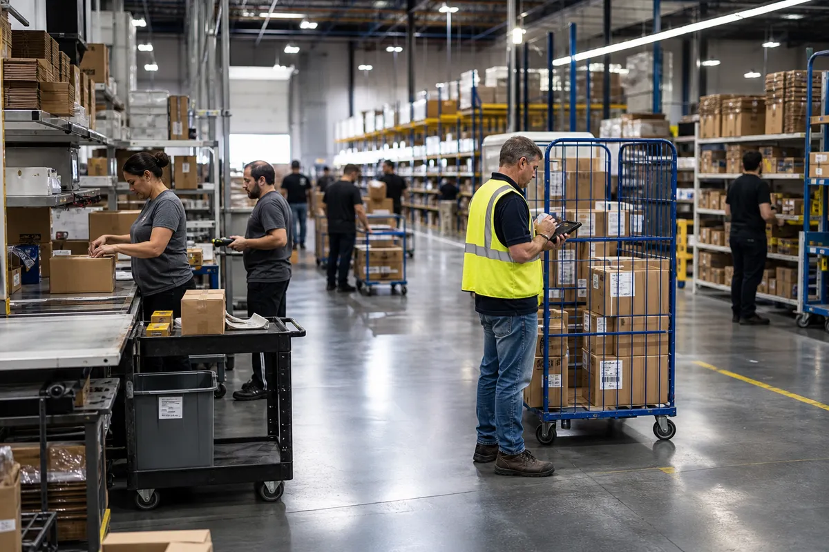 Warehouse team using wave picking for small warehouses with carts and barcode scanners