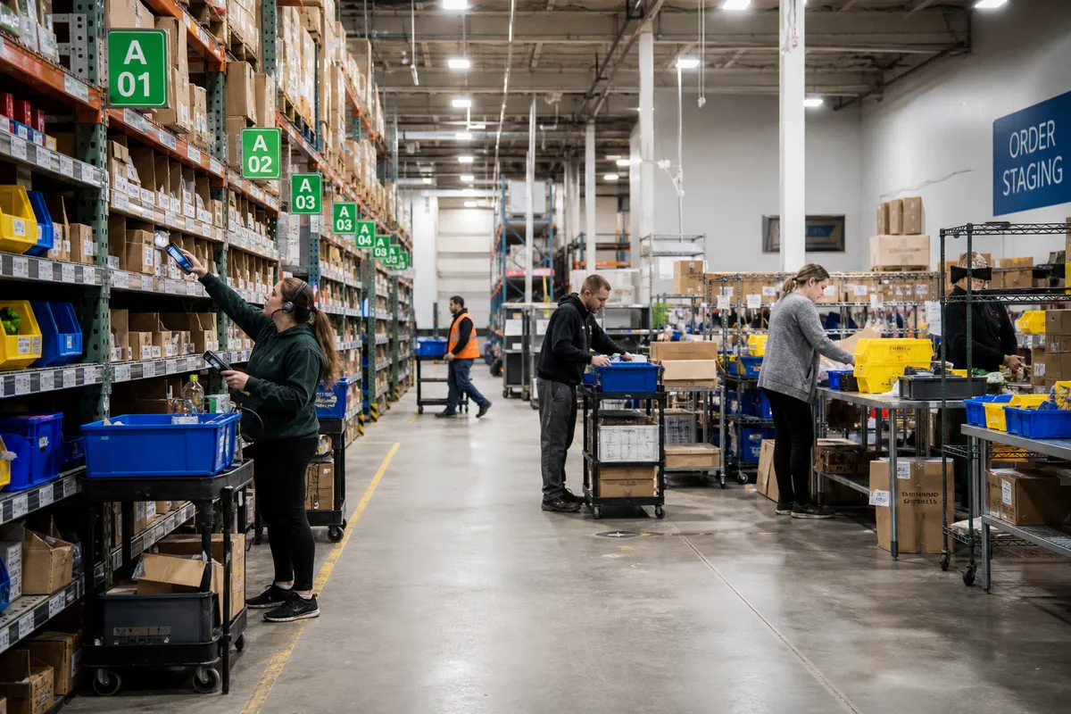 Warehouse staff using zone picking for small warehouses with carts and labeled pick zones